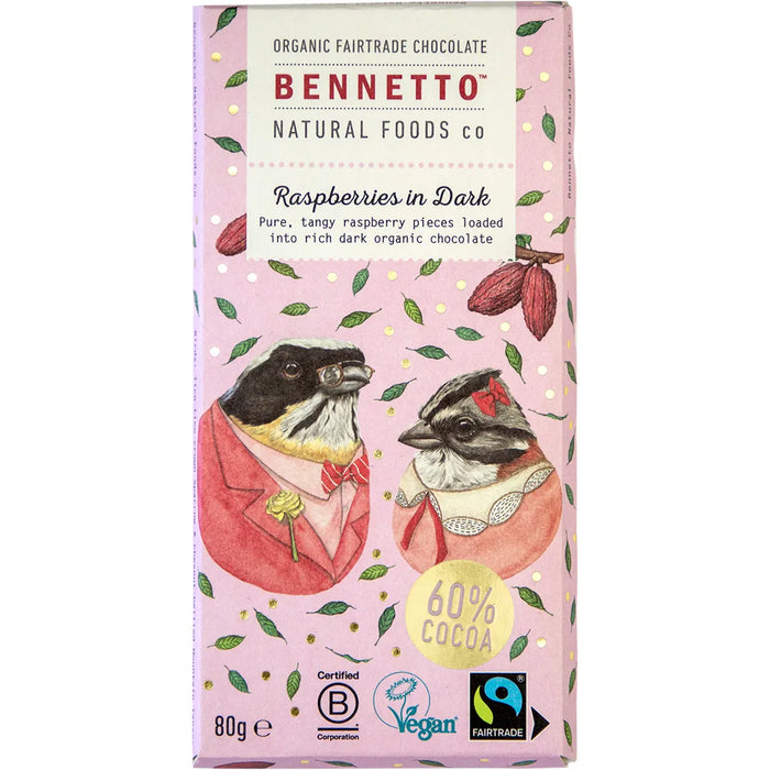 Bennetto Organic Dark Chocolate Raspberries in Dark 80g (cold)