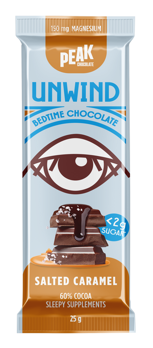 Peak Chocolate UNWIND Bedtime Chocolate Bar SALTED CARAMEL 25g (cold)
