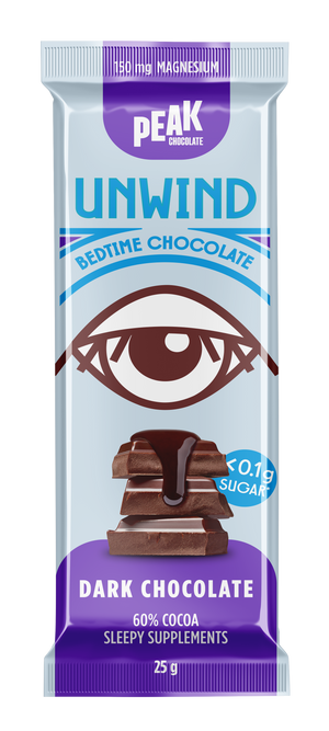 Peak Chocolate UNWIND Bedtime Chocolate Bar DARK CHOCOLATE 25g (cold)