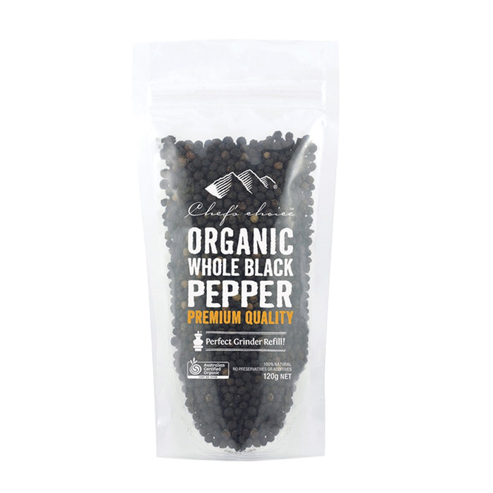 Chefs Choice Organic Pepper - Black Whole Pouch 120g